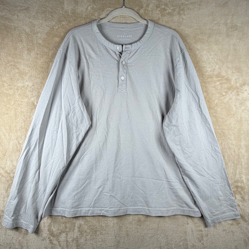 Everlane Mens Long‎ Sleeve Henley Shirt Light Grey XXL 100% Cotton Minimalist